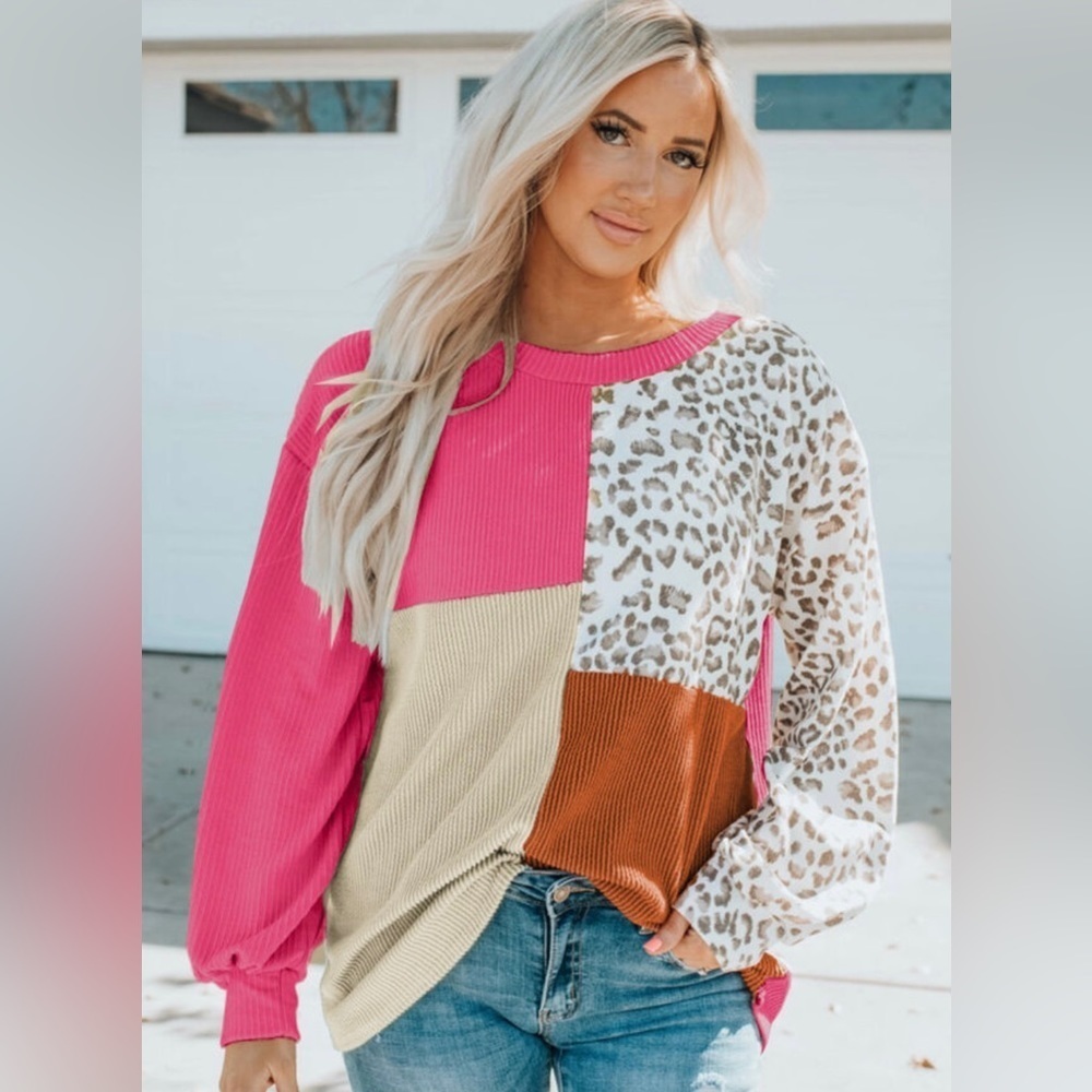 NEW ROSE LEOPARD LONG SLEEVE TOP | Ribbed Color Block Plus Size 2XL - Picture 8 of 11